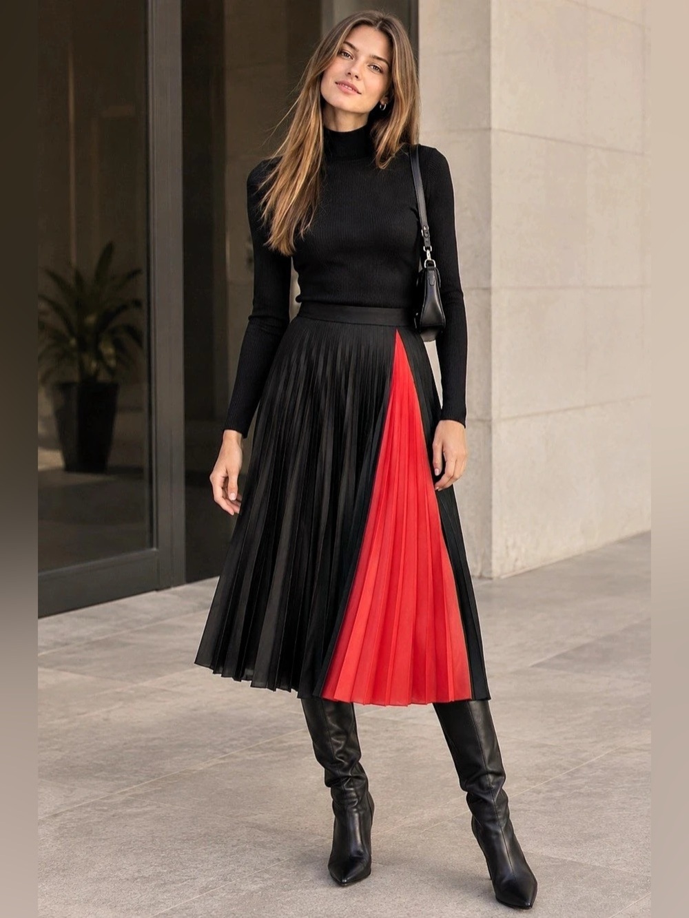 QUE Buena Black Pleated Midi Skirt w/ Red Contrast Panel – Size 36